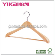 Natural wooden coat hanger with wide shoulder and round bar